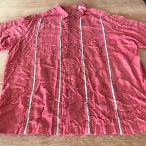 Caribbean Shirt Men 2X Coral Pink Striped Silk Cotton Button Up Short Sleeve